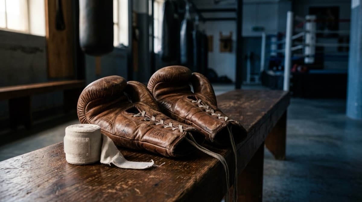 Worn boxing gloves and hand wraps on a bench in a boxing gym