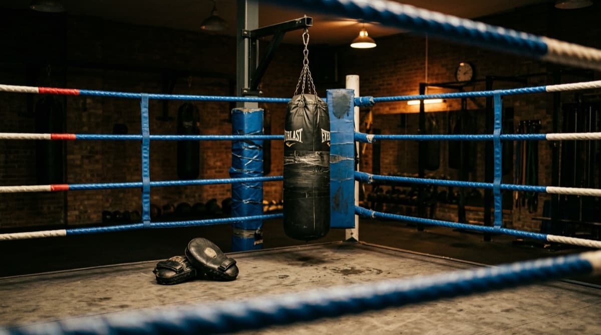 Focus mitts and a heavy bag inside a boxing ring with blue ropes
