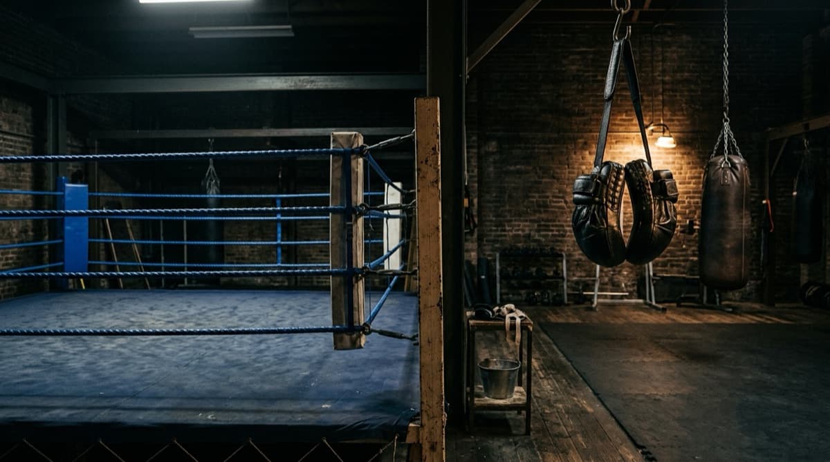 A quiet boxing ring with blue ropes and focus mitts