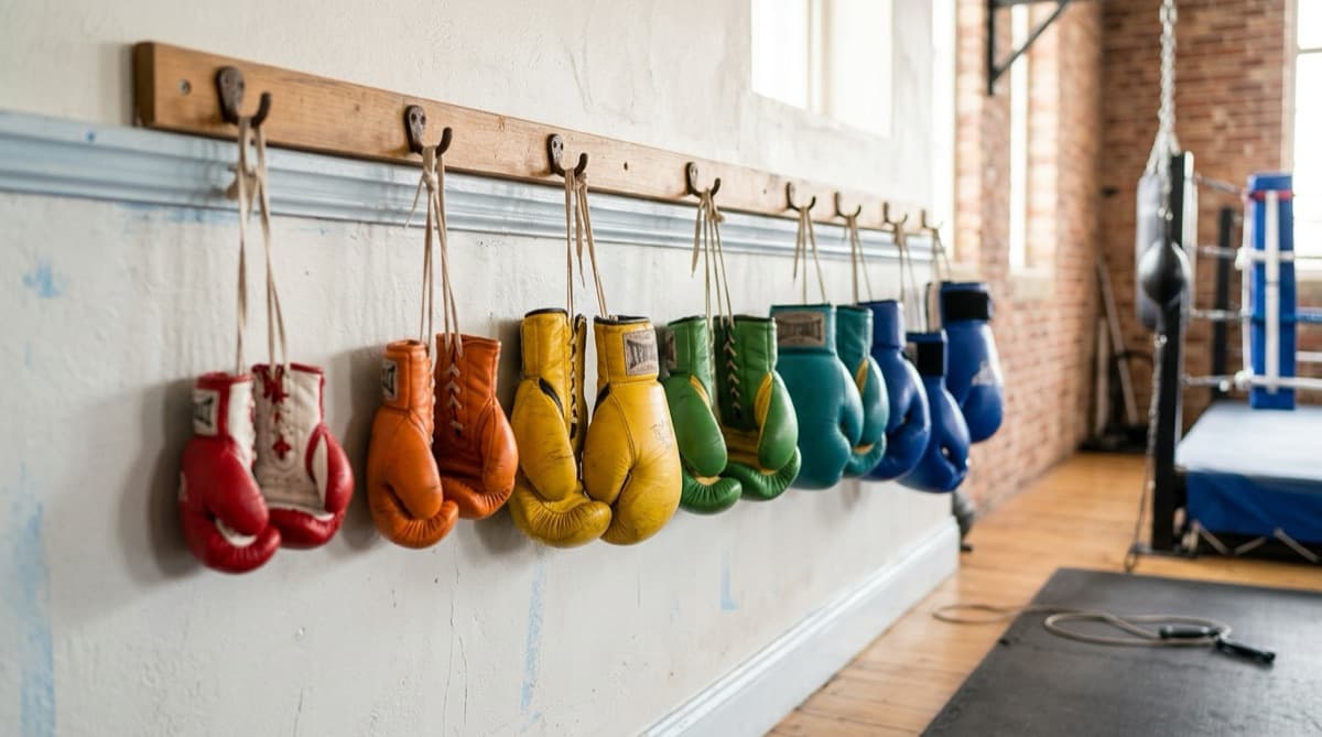 Boxing gloves of different sizes hanging on a gym wall