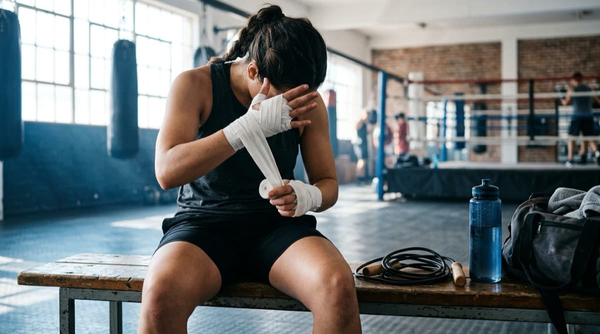 Hand wraps, jump rope and a water bottle on a gym bench